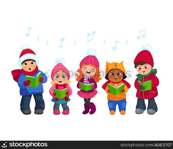 Cute little kids going Christmas caroling flat vector illustration. Caroling kids set