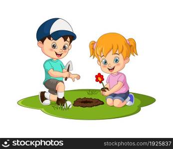 Cute little kids planting flower plant in the garden