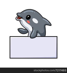 Cute little killer whale cartoon with blank sign
