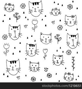 Cute Little kittens hand drawn pattern background.