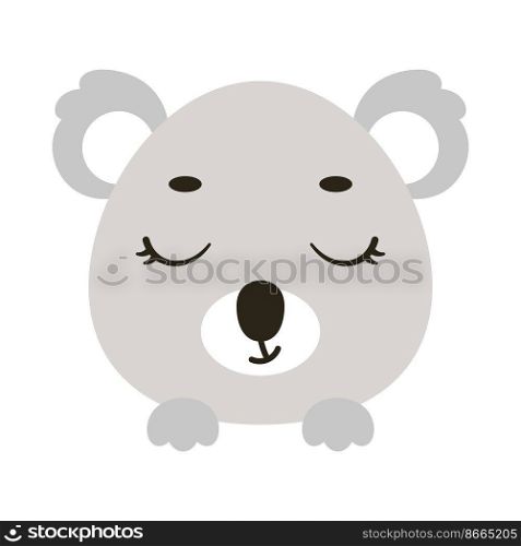 Cute little koala head with closed eyes. Cartoon animal character for kids t-shirts, nursery decoration, baby shower, greeting card, invitation, house interior. Vector stock illustration
