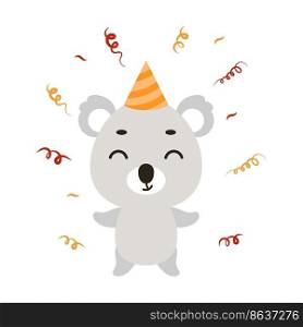 Cute little koala in birthday hat on white background. Cartoon animal character for kids t-shirt, nursery decoration, baby shower, greeting card, house interior. Vector stock illustration