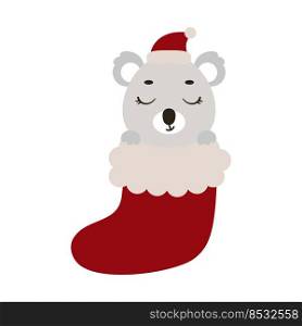 Cute little koala in Christmas sock. Cartoon animal character for kids cards, baby shower, invitation, poster, t-shirt composition, house interior. Vector stock illustration.
