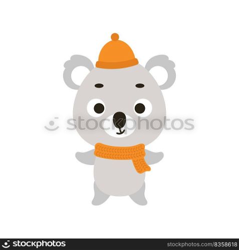 Cute little koala in hat and scarf. Cartoon animal character for kids t-shirts, nursery decoration, baby shower, greeting card, invitation, house interior. Vector stock illustration