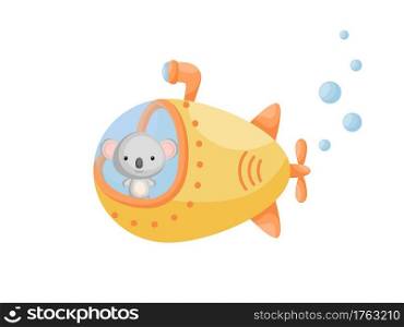 Cute little koala sail on yellow submarine. Cartoon character for childrens book, album, baby shower, greeting card, party invitation, house interior. Vector stock illustration.