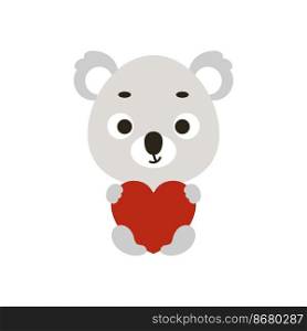 Cute little koala sitting and holding heart on white background. Cartoon animal character for kids t-shirt, nursery decoration, baby shower, greeting card, house interior. Vector stock illustration