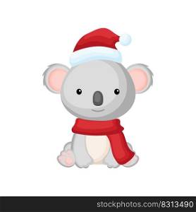 Cute little koala sitting in a Santa hat and red scarf. Cartoon animal character for kids t-shirts, nursery decoration, baby shower, greeting card, invitation. Isolated vector stock illustration