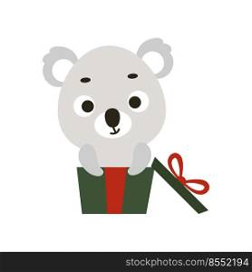 Cute little koala sitting in gift box. Cartoon animal character for kids t-shirts, nursery decoration, baby shower, greeting cards, invitations, house interior. Vector stock illustration.
