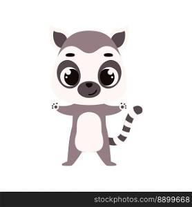 Cute little lemur on white background. Cartoon animal character for kids cards, baby shower, invitation, poster, t-shirt composition, house interior. Vector stock illustration