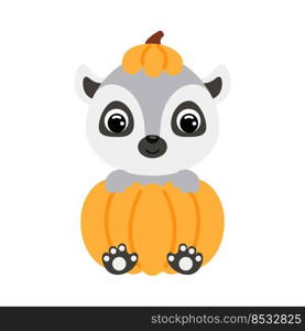 Cute little lemur sitting in a pumpkin. Cartoon animal character for kids t-shirts, nursery decoration, baby shower, greeting card, invitation. Vector stock illustration