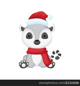 Cute little lemur sitting in a Santa hat and red scarf. Cartoon animal character for kids t-shirts, nursery decoration, baby shower, greeting card, invitation. Isolated vector stock illustration