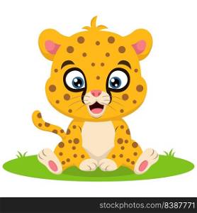Cute little leopard cartoon sitting in the grass