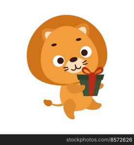 Cute little lion carries gift box on white background. Cartoon animal character for kids t-shirts, nursery decoration, baby shower, greeting card, house interior. Vector stock illustration