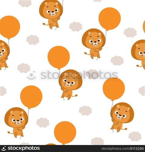 Cute little lion flying on balloon seamless childish pattern. Funny cartoon animal character for fabric, wrapping, textile, wallpaper, apparel. Vector illustration