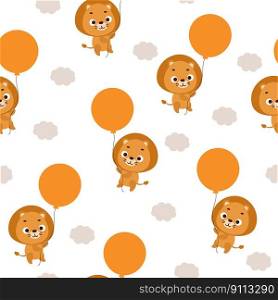 Cute little lion flying on balloon seamless childish pattern. Funny cartoon animal character for fabric, wrapping, textile, wallpaper, apparel. Vector illustration