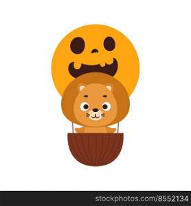Cute little lion flying on Halloween hot air balloon. Cartoon animal character for kids t-shirts, nursery decoration, baby shower, greeting card, invitation. Vector stock illustration