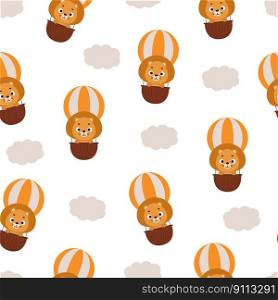 Cute little lion flying on hot air balloon seamless childish pattern. Funny cartoon animal character for fabric, wrapping, textile, wallpaper, apparel. Vector illustration