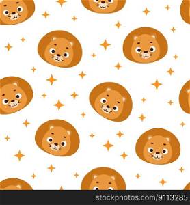 Cute little lion head seamless childish pattern. Funny cartoon animal character for fabric, wrapping, textile, wallpaper, apparel. Vector illustration