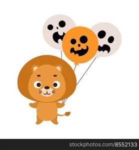Cute little lion holding Halloween balloons. Cartoon animal character for kids t-shirts, nursery decoration, baby shower, greeting card, invitation. Vector stock illustration