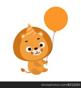 Cute little lion in birthday hat holding balloon. Cartoon animal character for kids t-shirt, nursery decoration, baby shower, greeting card, house interior. Vector stock illustration