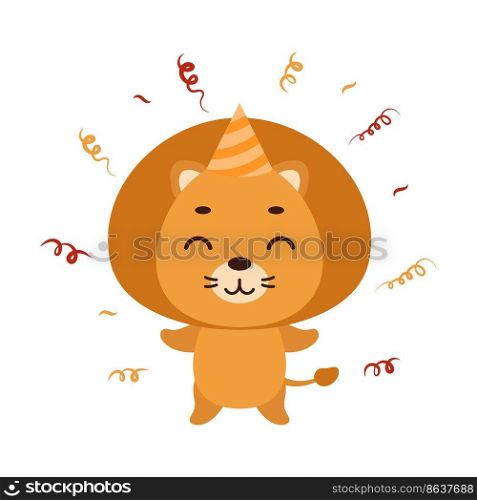 Cute little lion in birthday hat on white background. Cartoon animal character for kids t-shirt, nursery decoration, baby shower, greeting card, house interior. Vector stock illustration
