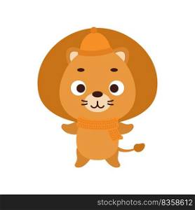 Cute little lion in hat and scarf. Cartoon animal character for kids t-shirts, nursery decoration, baby shower, greeting card, invitation, house interior. Vector stock illustration