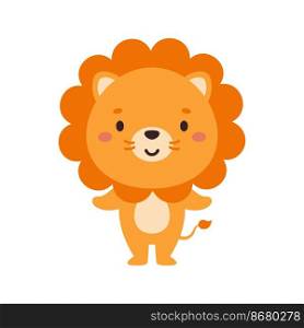 Cute little lion on white background. Cartoon animal character for kids cards, baby shower, invitation, poster, t-shirt composition, house interior. Vector stock illustration
