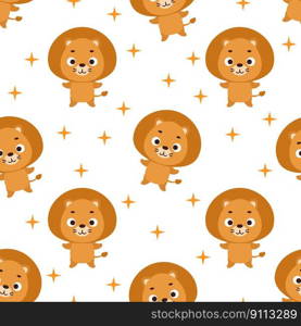 Cute little lion seamless childish pattern. Funny cartoon animal character for fabric, wrapping, textile, wallpaper, apparel. Vector illustration