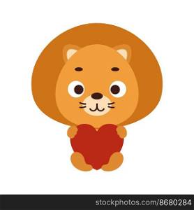 Cute little lion sitting and holding heart on white background. Cartoon animal character for kids t-shirt, nursery decoration, baby shower, greeting card, house interior. Vector stock illustration