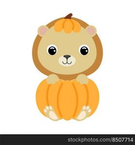 Cute little lion sitting in a pumpkin. Cartoon animal character for kids t-shirts, nursery decoration, baby shower, greeting card, invitation. Vector stock illustration