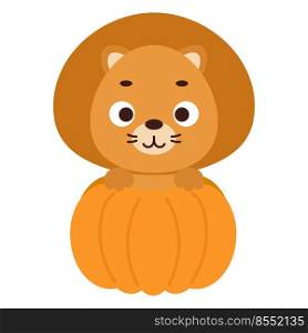 Cute little lion sitting in a pumpkin. Cartoon animal character for kids t-shirts, nursery decoration, baby shower, greeting card, invitation. Vector stock illustration