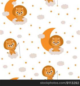Cute little lion sitting on cloud and fishing star seamless childish pattern. Funny cartoon animal character for fabric, wrapping, textile, wallpaper, apparel. Vector illustration