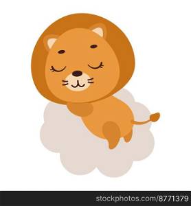 Cute little lion sleeping on cloud. Cartoon animal character for kids t-shirt, nursery decoration, baby shower, greeting cards, invitations, house interior. Vector stock illustration