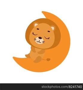 Cute little lion sleeping on moon. Cartoon animal character for kids t-shirt, nursery decoration, baby shower, greeting cards, invitations, house interior. Vector stock illustration