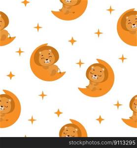 Cute little lion sleeping on moon seamless childish pattern. Funny cartoon animal character for fabric, wrapping, textile, wallpaper, apparel. Vector illustration