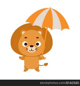 Cute little lion with umbrella. Cartoon animal character for kids t-shirts, nursery decoration, baby shower, greeting card, invitation, house interior. Vector stock illustration