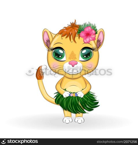 Cute little lion with wreath of hawaii flowers. Cartoon illustration.. Cute little lion with wreath of hawaii flowers. Cartoon illustration
