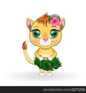 Cute little lion with wreath of hawaii flowers. Cartoon illustration.. Cute little lion with wreath of hawaii flowers. Cartoon illustration