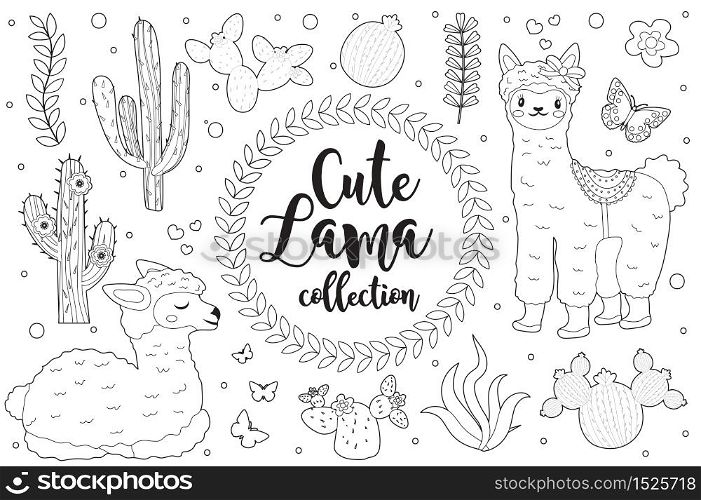 Cute little llama set Coloring book page for kids. Collection of design element sketch outline style. Kids baby clip art funny smiling kit. Vector illustration.. Cute little llama set Coloring book page for kids. Collection of design element sketch outline style. Kids baby clip art funny smiling kit. Vector illustration
