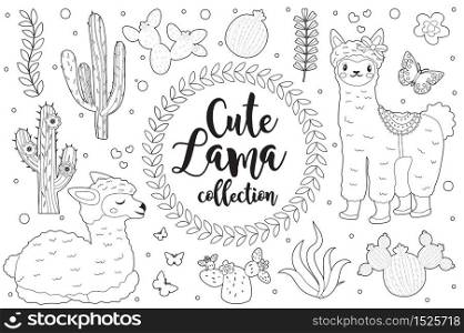 Cute little llama set Coloring book page for kids. Collection of design element sketch outline style. Kids baby clip art funny smiling kit. Vector illustration.. Cute little llama set Coloring book page for kids. Collection of design element sketch outline style. Kids baby clip art funny smiling kit. Vector illustration