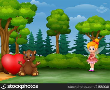 Cute little love fairy holding a heart with a bear sitting beside big heart