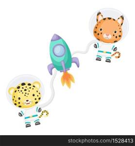 Cute little lynx and jaguar astronauts flying in open space. Graphic element for childrens book, album, scrapbook, postcard, invitation. Flat vector stock illustration isolated on white background.
