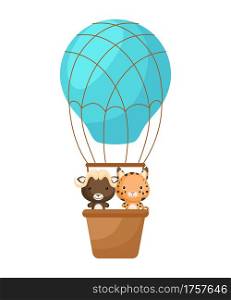 Cute little lynx, musk-ox fly on blue hot air balloon. Cartoon character for childrens book, album, baby shower, greeting card, party invitation, house interior. Vector stock illustration.