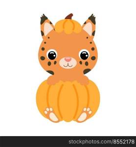 Cute little lynx sitting in a pumpkin. Cartoon animal character for kids t-shirts, nursery decoration, baby shower, greeting card, invitation. Vector stock illustration