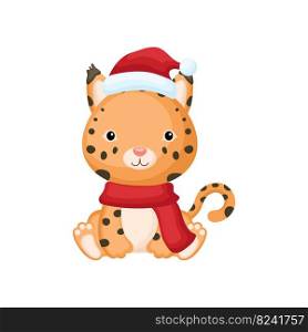 Cute little lynx sitting in a Santa hat and red scarf. Cartoon animal character for kids t-shirts, nursery decoration, baby shower, greeting card, invitation. Isolated vector stock illustration