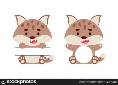 Cute little lynx split monogram. Funny cartoon character for kids t-shirts, nursery decoration, baby shower, greeting cards, invitations, scrapbooking, home decor. Vector stock illustration