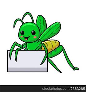 Cute little mantis cartoon with blank sign 