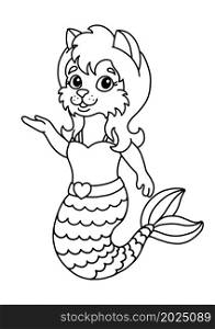 Cute little mermaid cat. Coloring book page for kids. Cartoon style. Vector illustration isolated on white background.