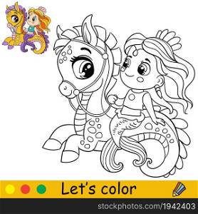 Cute little mermaid riding a seahorse. Coloring page and colorful template for preschool and school kids education. Vector illustration. For design, t shirt print, icon, logo, label, patch or sticker. Cartoon cute and funny mermaid riding a seahorse coloring