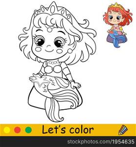 Cute little mermaid sitting on a stone and looking on a starfish . Coloring page and colorful template for kids education. Vector illustration. For design, t shirt print, icon, logo, patch or sticker. Vector cute mermaid looking on a starfish coloring